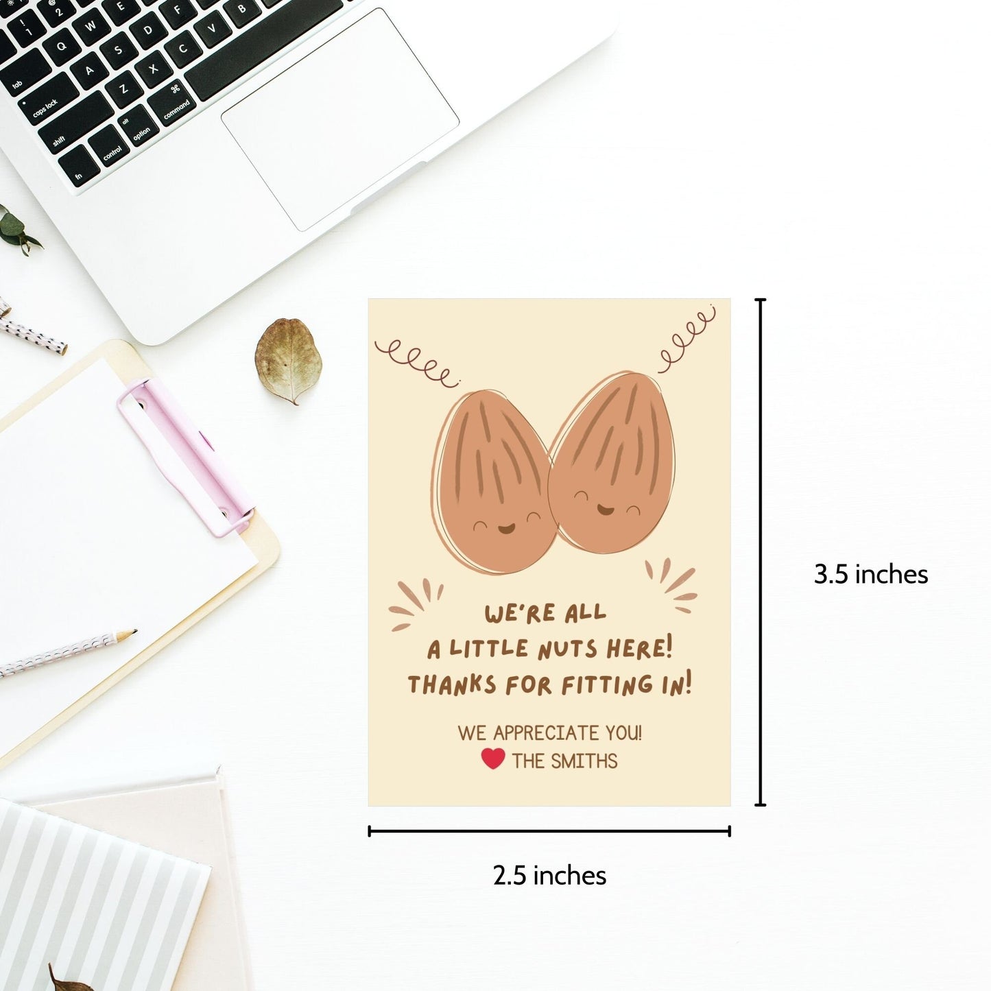 Eight playful gift tags with smiling almond illustrations and pun-filled neighborly appreciation messages, ready to print or customize online.