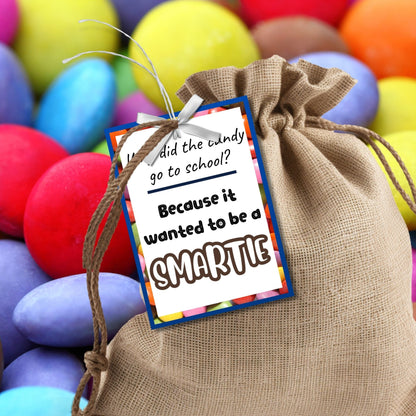 Why Did the Candy Go to School? Fathers Day gift tags, featuring a vibrant border and text. Includes a joke about candy wanting to be a Smartie, with a customizable name slot. Comes as a printable PDF and an editable template on Canva.
