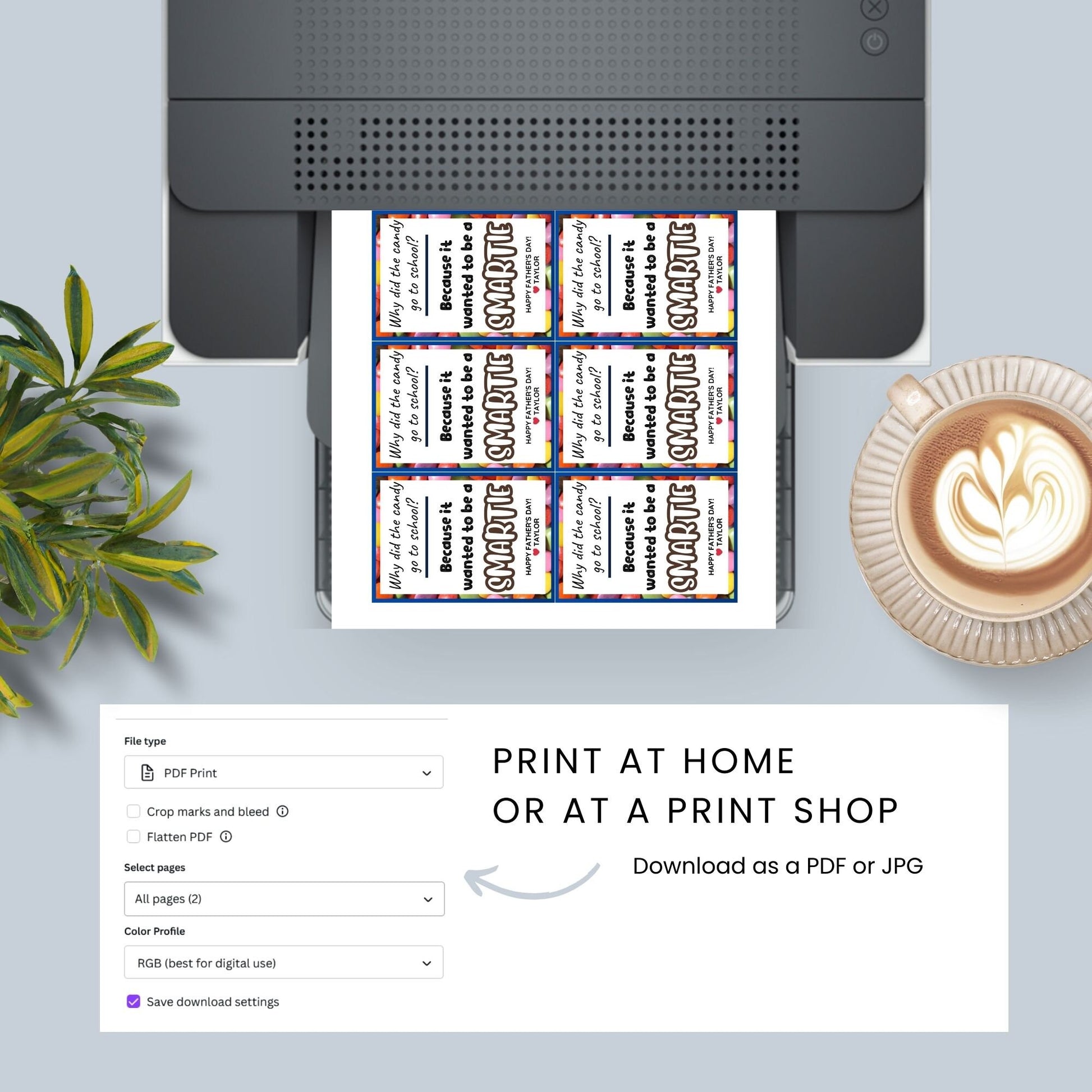 Why Did the Candy Go to School? Fathers Day gift tags, featuring a vibrant border and text. Includes a joke about candy wanting to be a Smartie, with a customizable name slot. Comes as a printable PDF and an editable template on Canva.