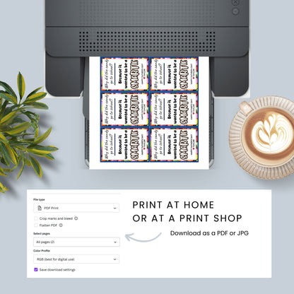 Why Did the Candy Go to School? Fathers Day gift tags, featuring a vibrant border and text. Includes a joke about candy wanting to be a Smartie, with a customizable name slot. Comes as a printable PDF and an editable template on Canva.