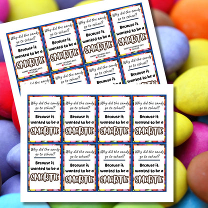 Why Did the Candy Go to School? Fathers Day gift tags, featuring a vibrant border and text. Includes a joke about candy wanting to be a Smartie, with a customizable name slot. Comes as a printable PDF and an editable template on Canva.