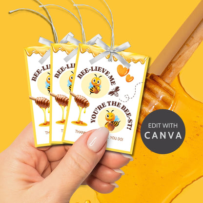 Bee-themed BEE-LIEVE ME, YOURE THE BEST! gift tags with honey dipper, ready for customizing in Canva, perfect for sweet tokens.