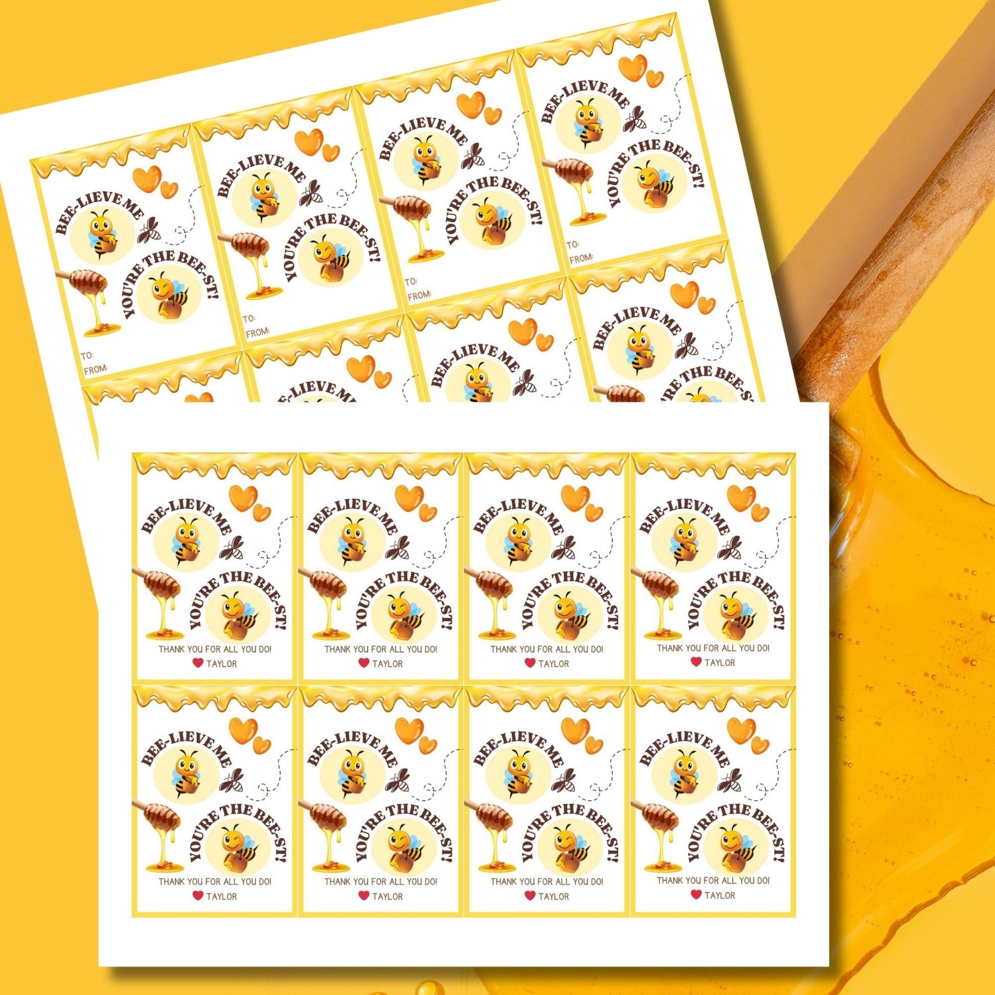 Bee-themed BEE-LIEVE ME, YOURE THE BEST! gift tags with honey dipper, ready for customizing in Canva, perfect for sweet tokens.