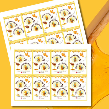 Bee-themed BEE-LIEVE ME, YOURE THE BEST! gift tags with honey dipper, ready for customizing in Canva, perfect for sweet tokens.