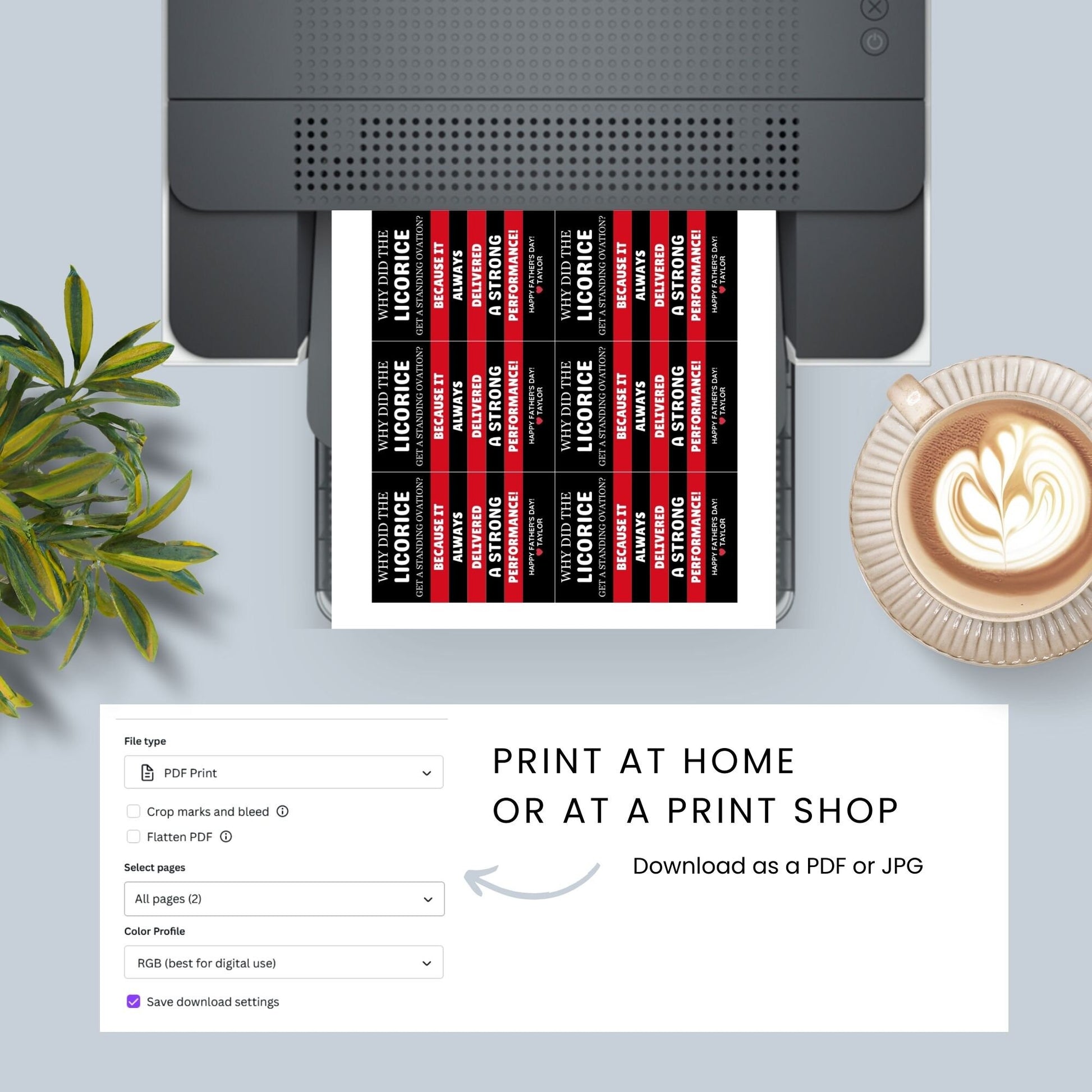 Why Did the Licorice Get a Standing Ovation? Father&#39;s Day gift tags featuring a black and red design. Includes a joke about licorice delivering a strong performance, with a customizable name field.