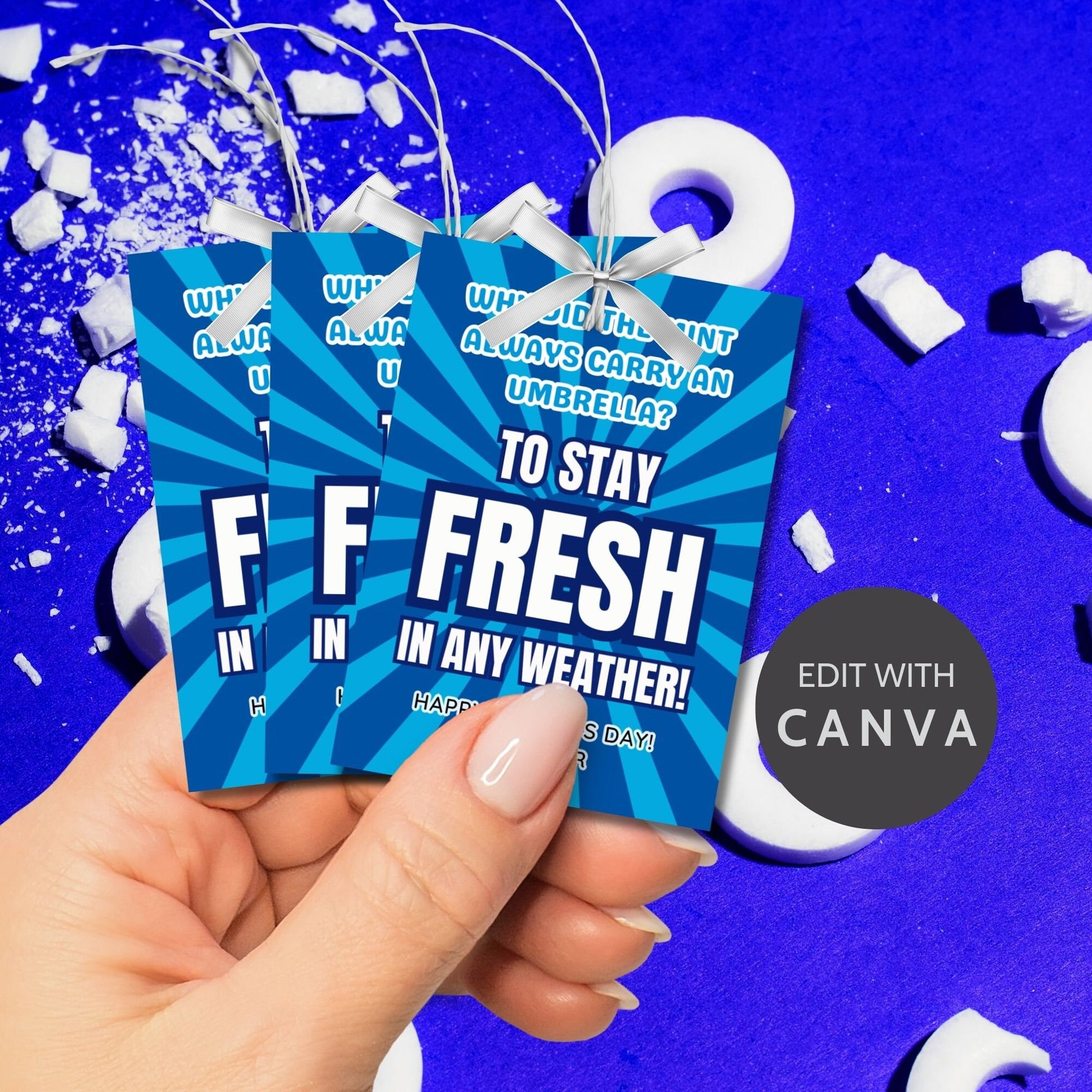 Why Did the Mint Always Carry an Umbrella? Fathers Day gift tags with a blue and white design. Features a joke about mint staying fresh in any weather, with a customizable name field. Available as a printable PDF and an editable Canva template.