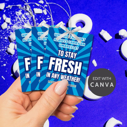 Why Did the Mint Always Carry an Umbrella? Fathers Day gift tags with a blue and white design. Features a joke about mint staying fresh in any weather, with a customizable name field. Available as a printable PDF and an editable Canva template.