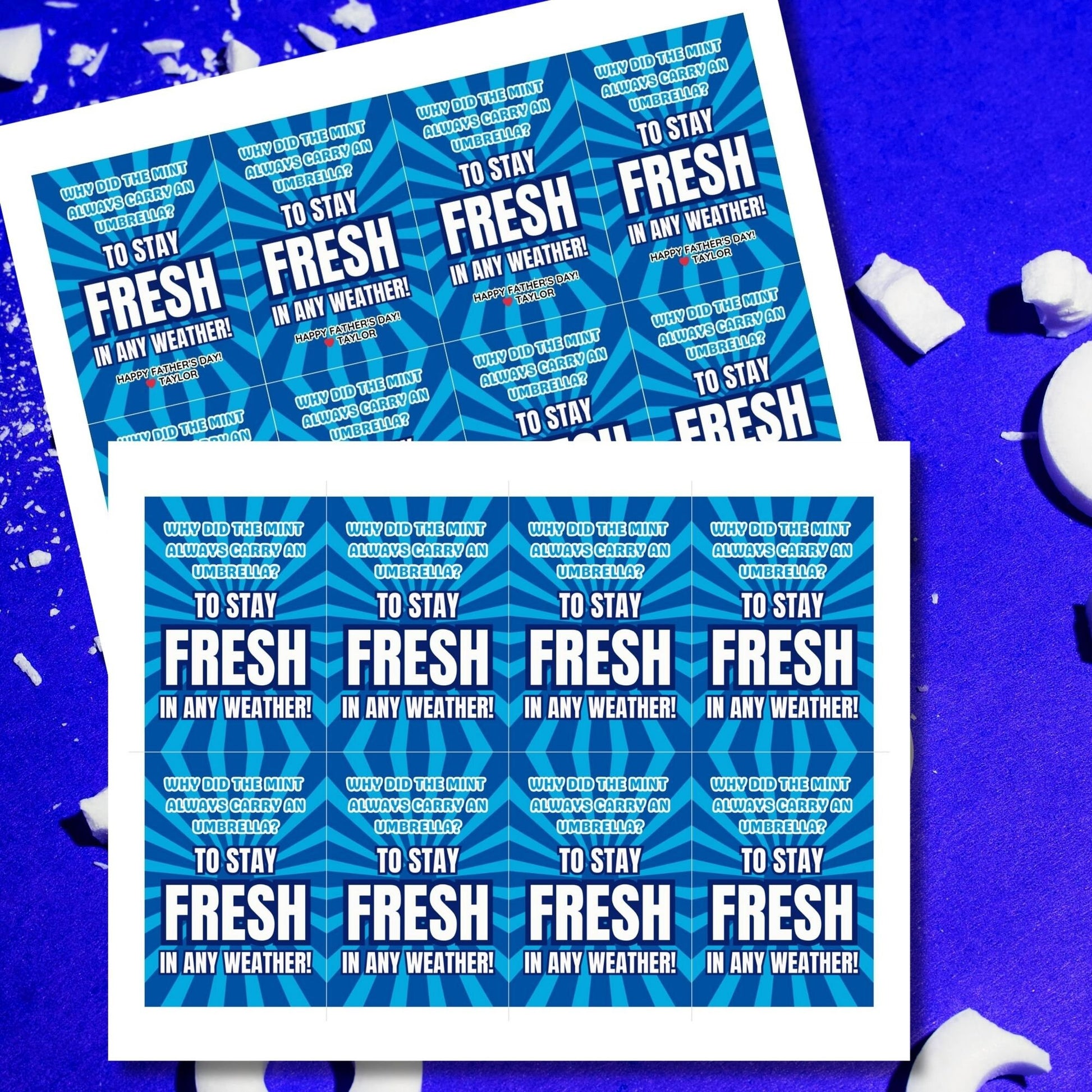 Why Did the Mint Always Carry an Umbrella? Fathers Day gift tags with a blue and white design. Features a joke about mint staying fresh in any weather, with a customizable name field. Available as a printable PDF and an editable Canva template.