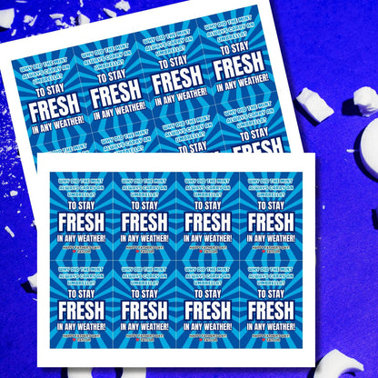Why Did the Mint Always Carry an Umbrella? Fathers Day gift tags with a blue and white design. Features a joke about mint staying fresh in any weather, with a customizable name field. Available as a printable PDF and an editable Canva template.