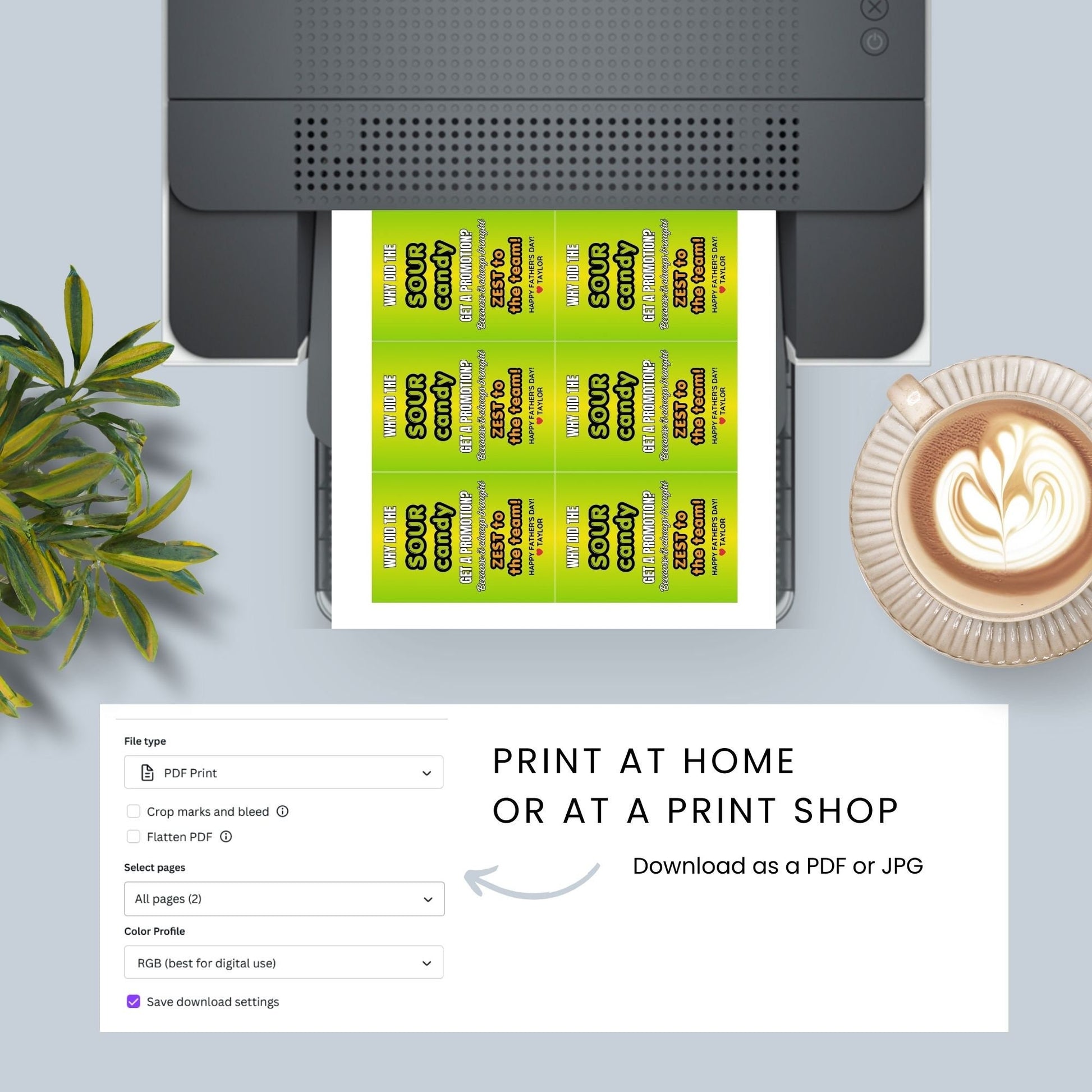 Why Did the Sour Candy Get a Promotion? Fathers Day gift tags with a bright green design. Features a joke about sour candy bringing zest to the team, with a customizable name field. Available as a printable PDF and an editable Canva template.