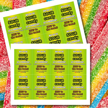Why Did the Sour Candy Get a Promotion? Fathers Day gift tags with a bright green design. Features a joke about sour candy bringing zest to the team, with a customizable name field. Available as a printable PDF and an editable Canva template.