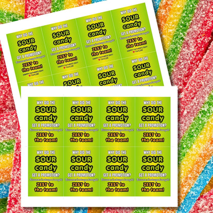 Why Did the Sour Candy Get a Promotion? Fathers Day gift tags with a bright green design. Features a joke about sour candy bringing zest to the team, with a customizable name field. Available as a printable PDF and an editable Canva template.