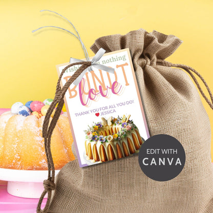 Charming Wishing You Nothing BUNDT Love cake-themed gift tags, with a Canva link for customization, perfect for heartfelt gifting.