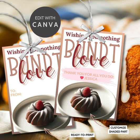 Charming Wishing You Nothing BUNDT Love cake-themed gift tags, with a Canva link for customization, perfect for heartfelt gifting.