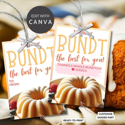 Charming Wishing You Nothing BUNDT Love cake-themed gift tags, with a Canva link for customization, perfect for heartfelt gifting.