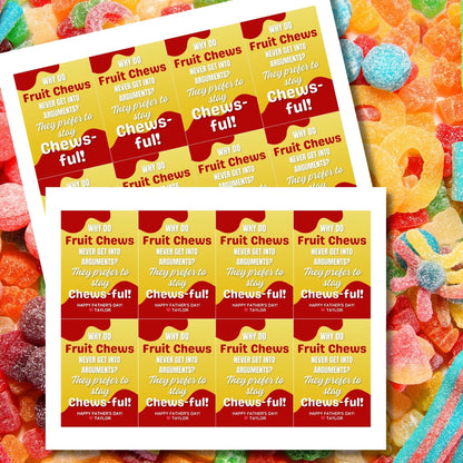 Eight fruit chews-themed Fathers Day gift tags displayed in two rows of four. Each tag features a dad joke about fruit chews preferring to stay chews-ful to avoid arguments, with a customizable name slot.
