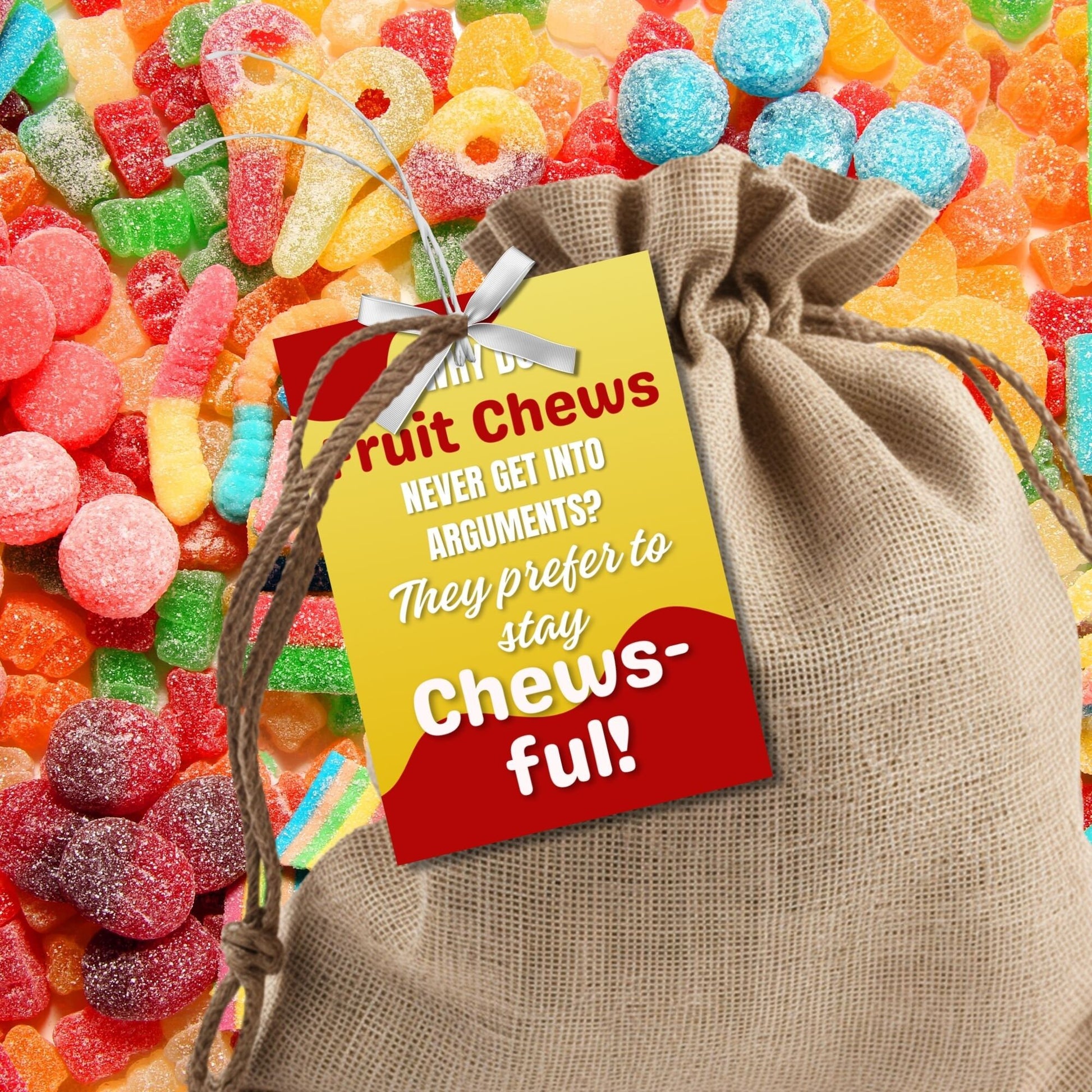 Eight fruit chews-themed Fathers Day gift tags displayed in two rows of four. Each tag features a dad joke about fruit chews preferring to stay chews-ful to avoid arguments, with a customizable name slot.