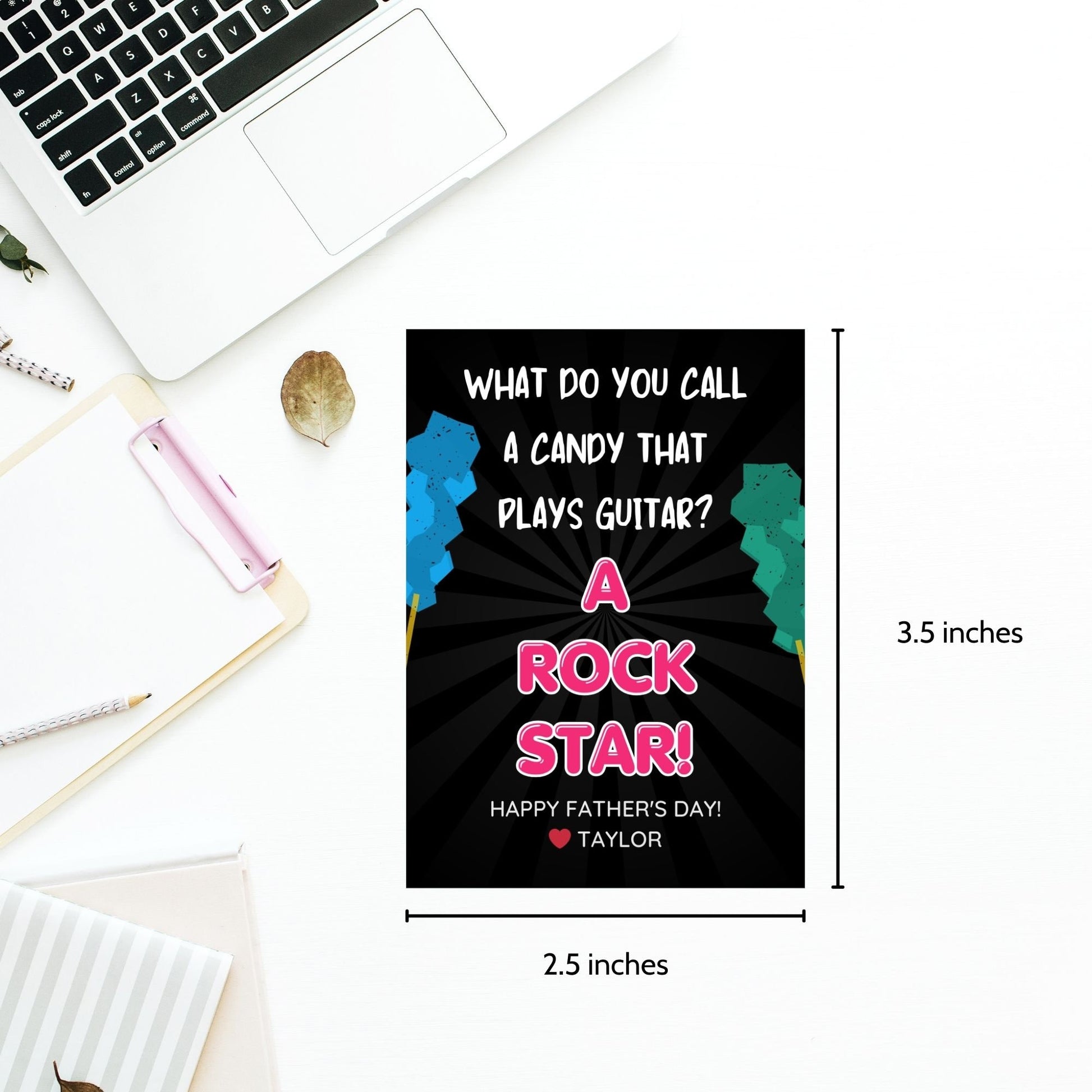 Eight guitar candy-themed Fathers Day gift tags displayed in two rows of four. Each tag features a dad joke about a candy that plays guitar being a rock star, with a customizable name slot.