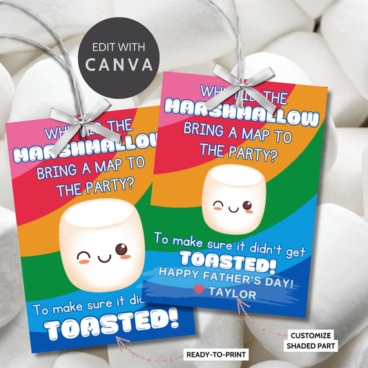 Eight marshmallow-themed Fathers Day gift tags displayed in two rows of four. Each tag features a dad joke about a marshmallow bringing a map to the party to avoid getting toasted, with a customizable name slot.