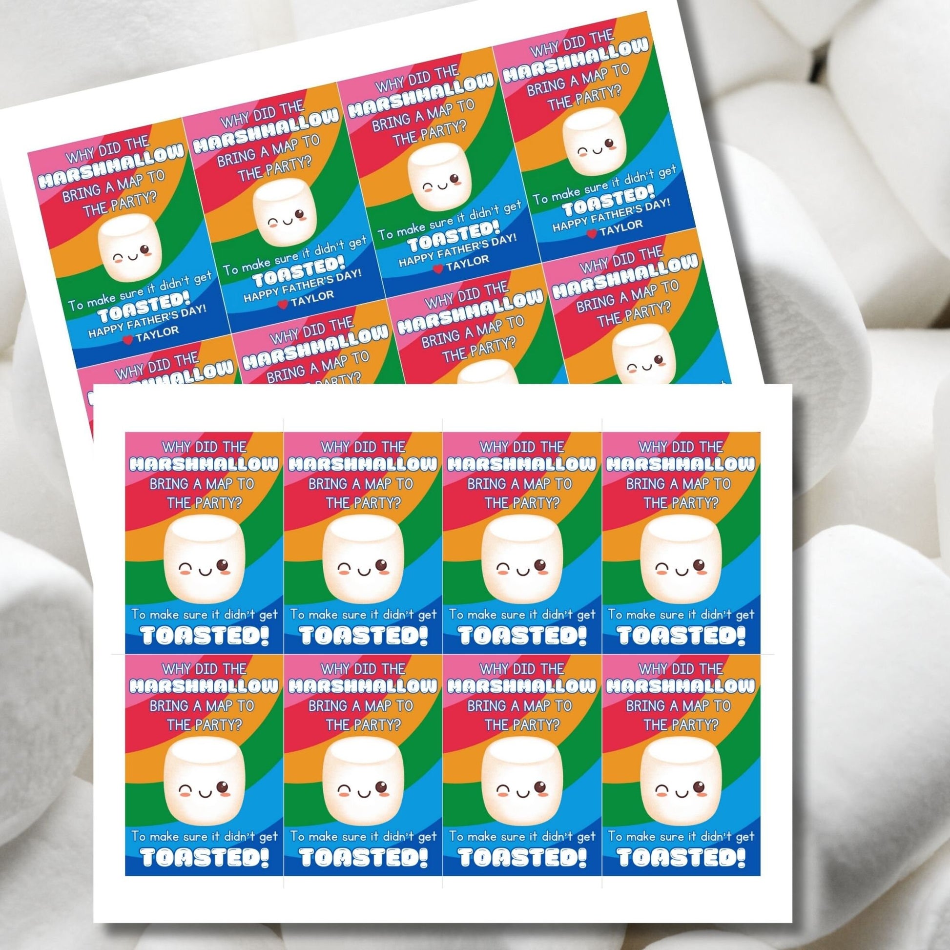 Eight marshmallow-themed Fathers Day gift tags displayed in two rows of four. Each tag features a dad joke about a marshmallow bringing a map to the party to avoid getting toasted, with a customizable name slot.