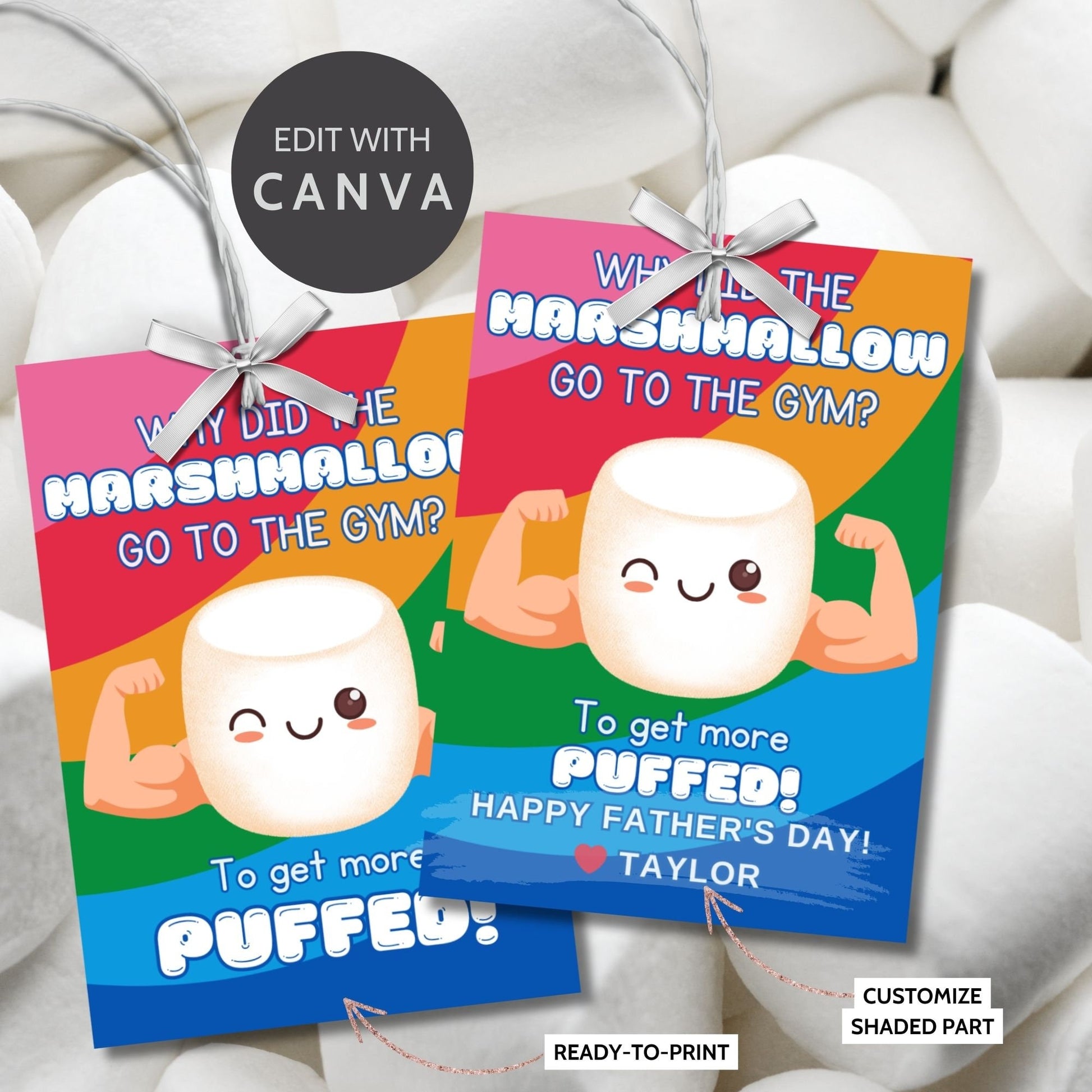 Eight gym-themed marshmallow Fathers Day gift tags displayed in two rows of four. Each tag features a dad joke about a marshmallow going to the gym to get more puffed, with a customizable name slot.