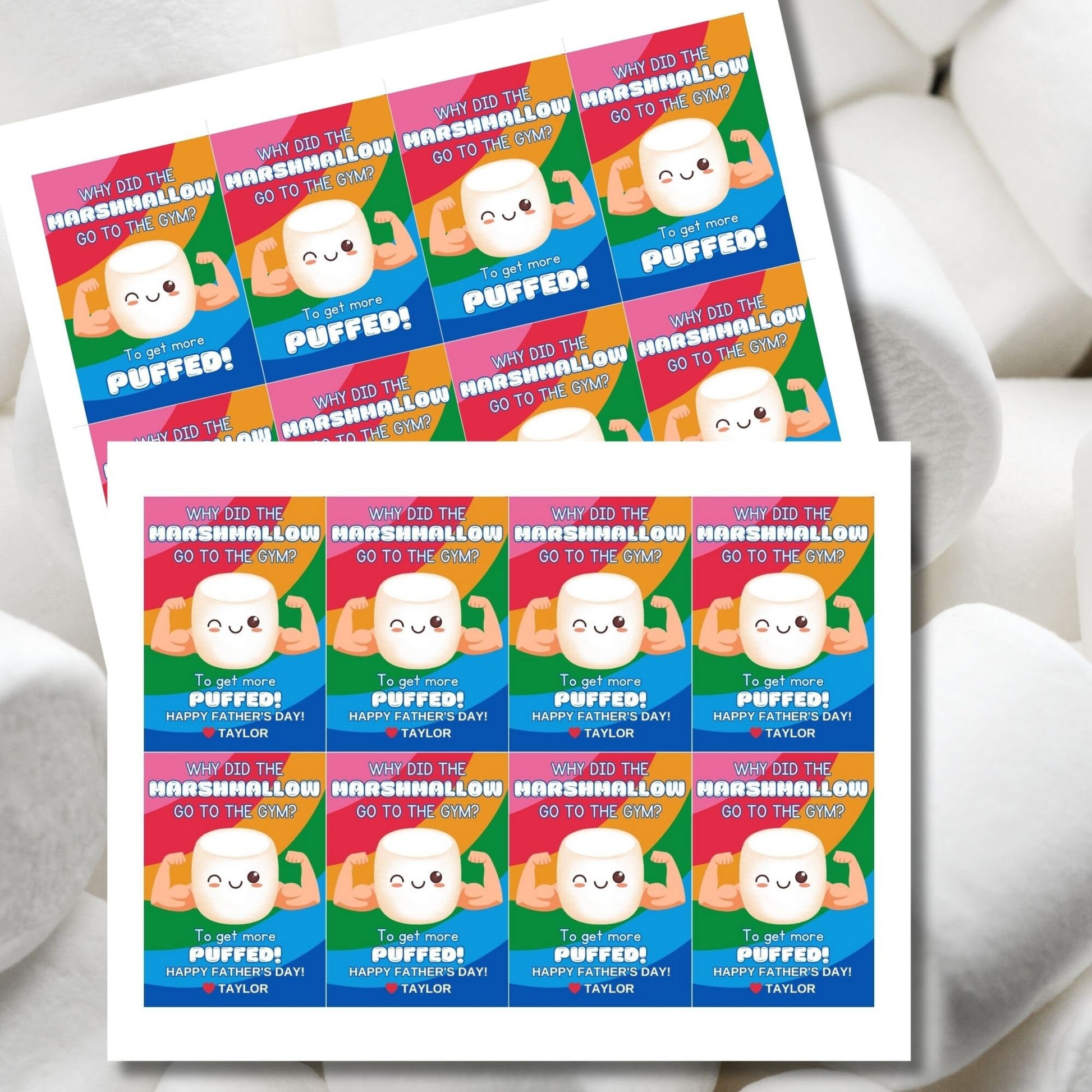 Eight gym-themed marshmallow Fathers Day gift tags displayed in two rows of four. Each tag features a dad joke about a marshmallow going to the gym to get more puffed, with a customizable name slot.