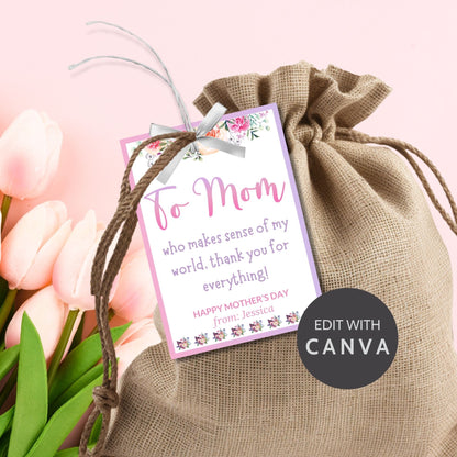 A vibrant set of Mother&#39;s Day gift tags for the five senses with floral designs and space for personalization, conveying love and appreciation