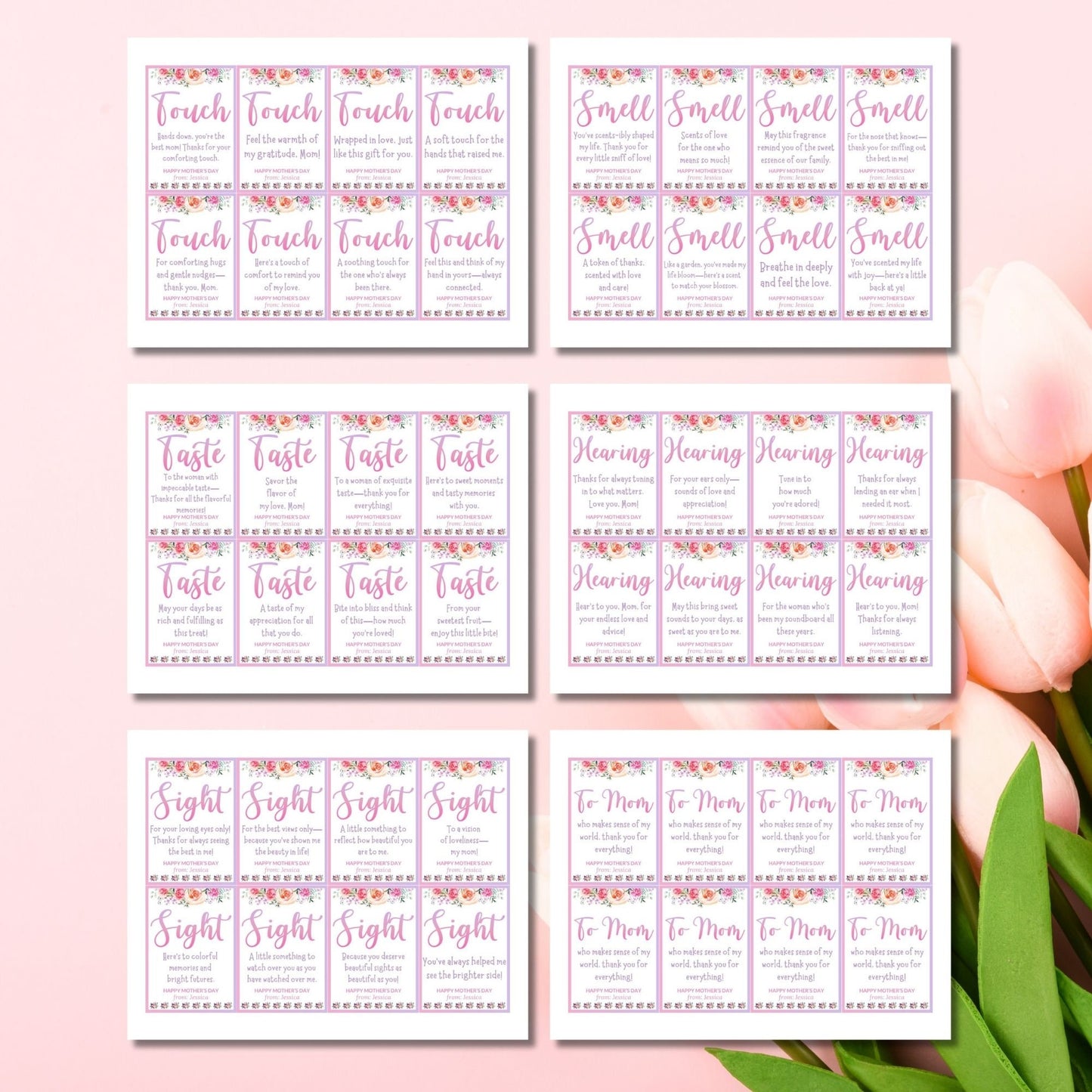 A vibrant set of Mother&#39;s Day gift tags for the five senses with floral designs and space for personalization, conveying love and appreciation