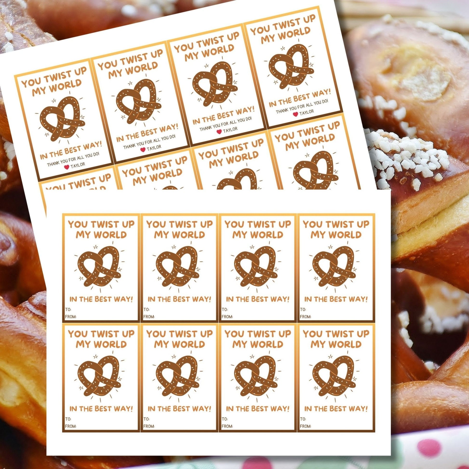 You Twist Up my World pretzel-themed gift tags, editable in Canva for a heartfelt thank-you snack.