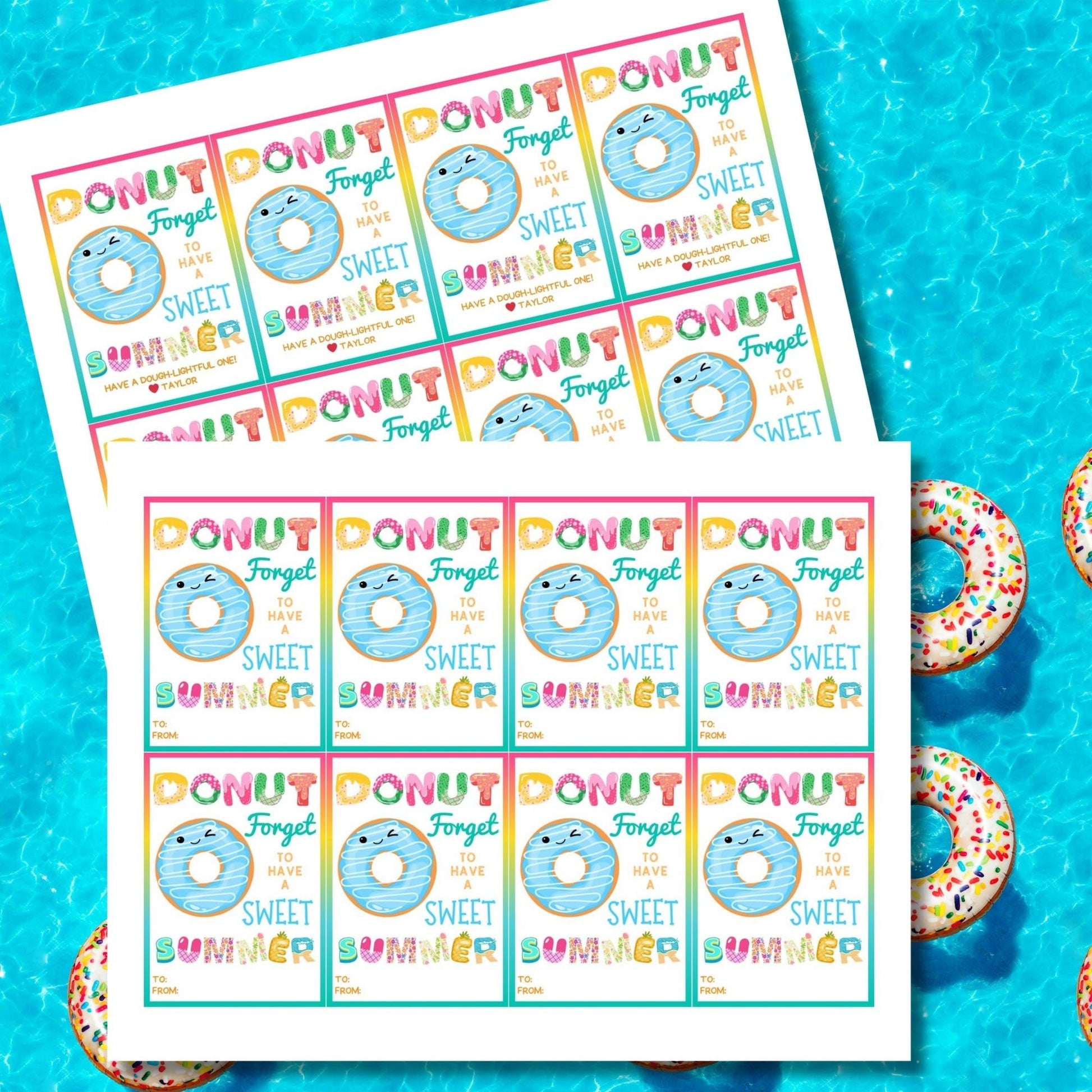 Fun summer gift tags featuring a cute donut and colorful text that reads Donut Forget to Have a Sweet Summer! Have a Dough-lightful One! Personalize with names.