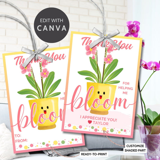 Vibrant Thank You for Helping Me Bloom gift tags featuring cheerful pot and orchid design with editable name option on Canva, ideal for showing gratitude.