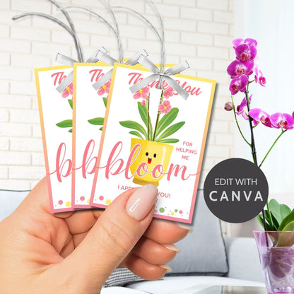 Vibrant Thank You for Helping Me Bloom gift tags featuring cheerful pot and orchid design with editable name option on Canva, ideal for showing gratitude.