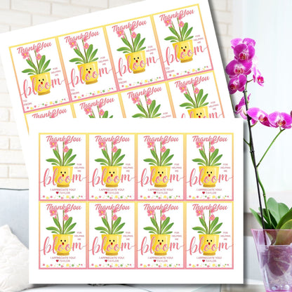 Vibrant Thank You for Helping Me Bloom gift tags featuring cheerful pot and orchid design with editable name option on Canva, ideal for showing gratitude.