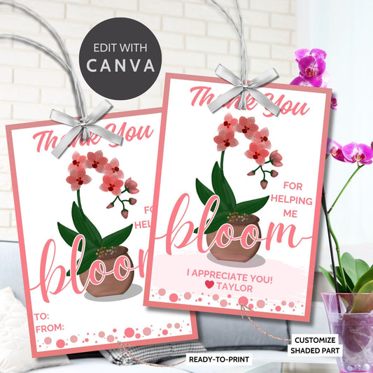 Vibrant Thank You for Helping Me Bloom gift tags featuring cheerful pot and orchid design with editable name option on Canva, ideal for showing gratitude.