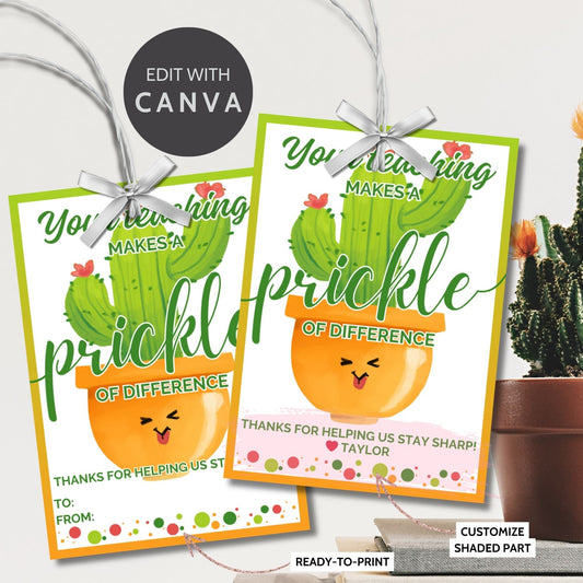 Joyful Your Teaching Makes a Prickle of Difference cactus-themed gift tags, editable for personalization on Canva, ideal for celebrating dedicated teachers.