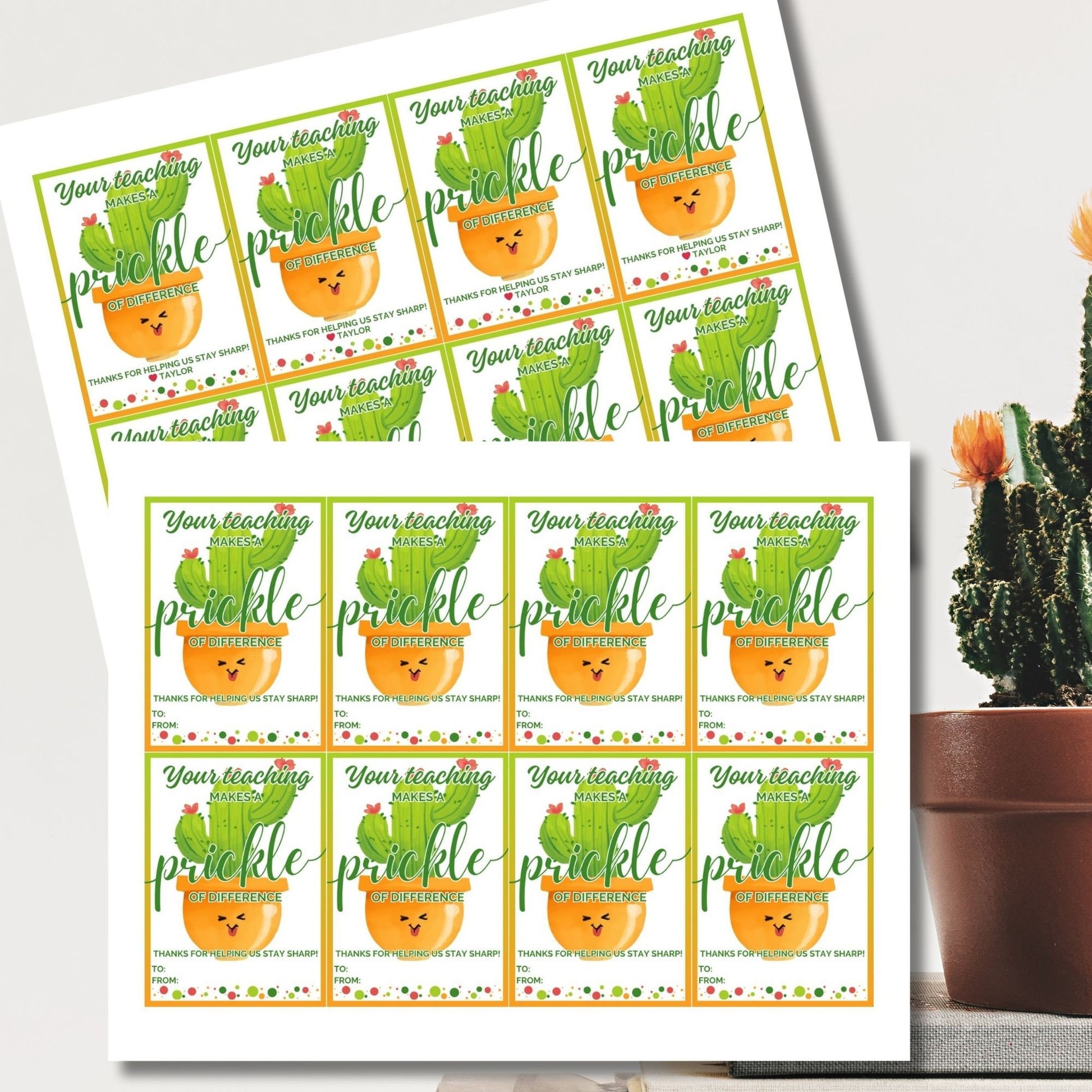 Joyful Your Teaching Makes a Prickle of Difference cactus-themed gift tags, editable for personalization on Canva, ideal for celebrating dedicated teachers.