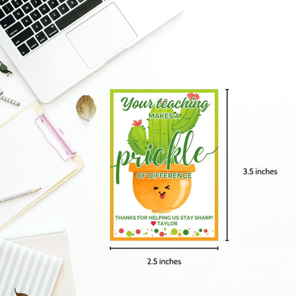 Joyful Your Teaching Makes a Prickle of Difference cactus-themed gift tags, editable for personalization on Canva, ideal for celebrating dedicated teachers.