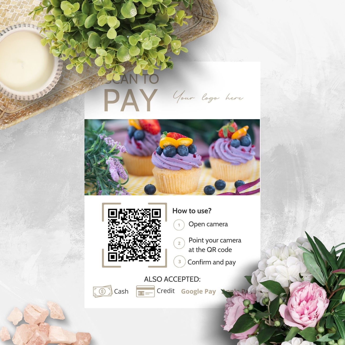 An elegant 5x7 payment instruction sign featuring a QR code, instructions on how to scan it, and accepted payment methods including cash, credit, Google Pay, and Apple Pay, embellished with a backdrop of vibrant cupcakes.