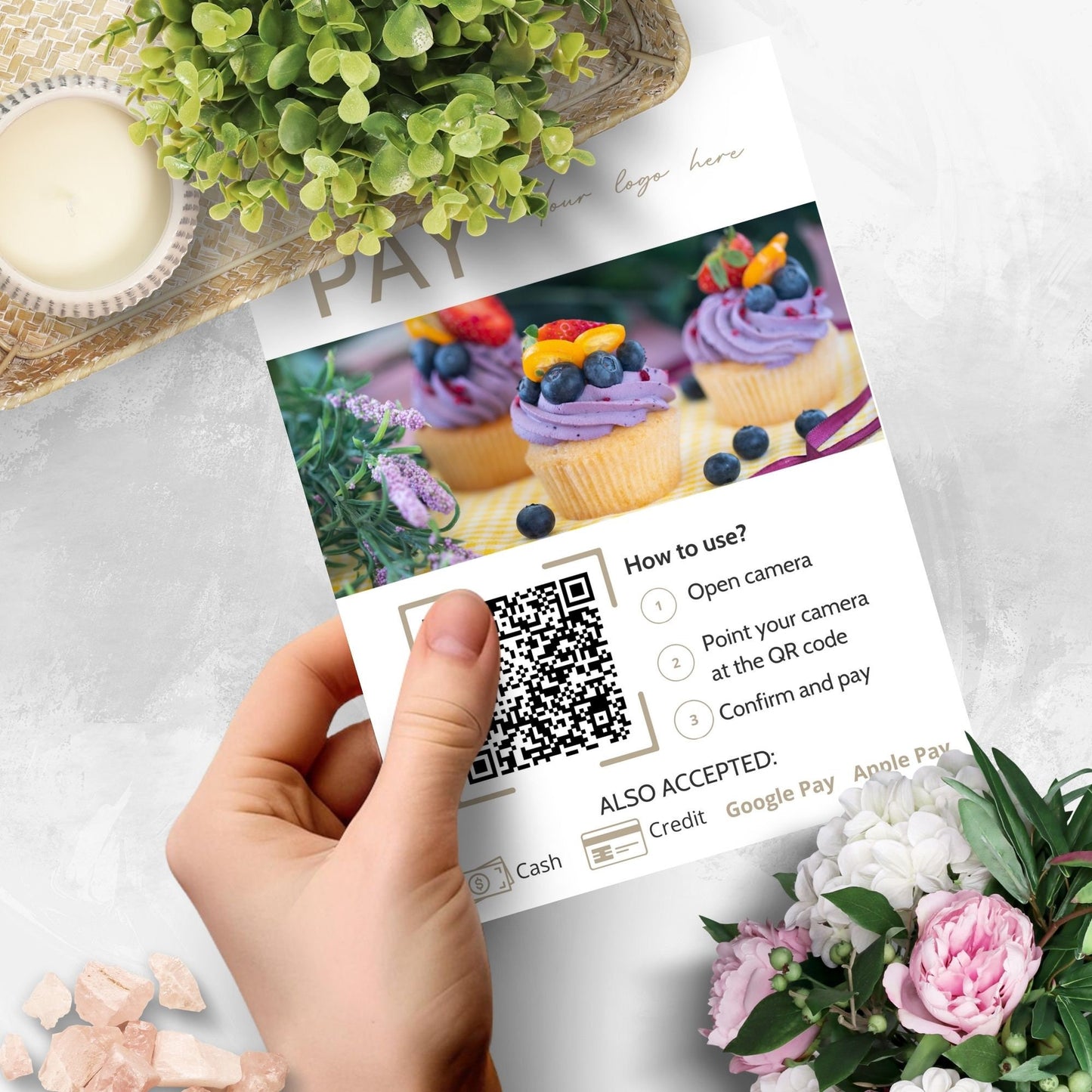 An elegant 5x7 payment instruction sign featuring a QR code, instructions on how to scan it, and accepted payment methods including cash, credit, Google Pay, and Apple Pay, embellished with a backdrop of vibrant cupcakes.