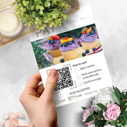 An elegant 5x7 payment instruction sign featuring a QR code, instructions on how to scan it, and accepted payment methods including cash, credit, Google Pay, and Apple Pay, embellished with a backdrop of vibrant cupcakes.