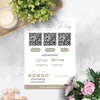 An elegant 5x7 payment instruction sign featuring a QR code, instructions on how to scan it, and accepted payment methods including cash, credit, Google Pay, and Apple Pay.