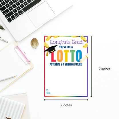 Printable 5x7 inch lotto or scratchers card holder for graduates, featuring a colorful design with a graduation cap, gold coins, and a diploma. Ideal for adding fun to graduation gifts.