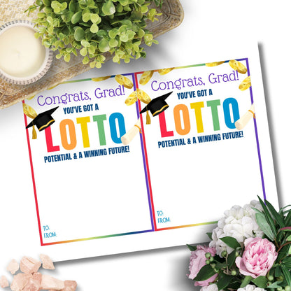 Printable 5x7 inch lotto or scratchers card holder for graduates, featuring a colorful design with a graduation cap, gold coins, and a diploma. Ideal for adding fun to graduation gifts.