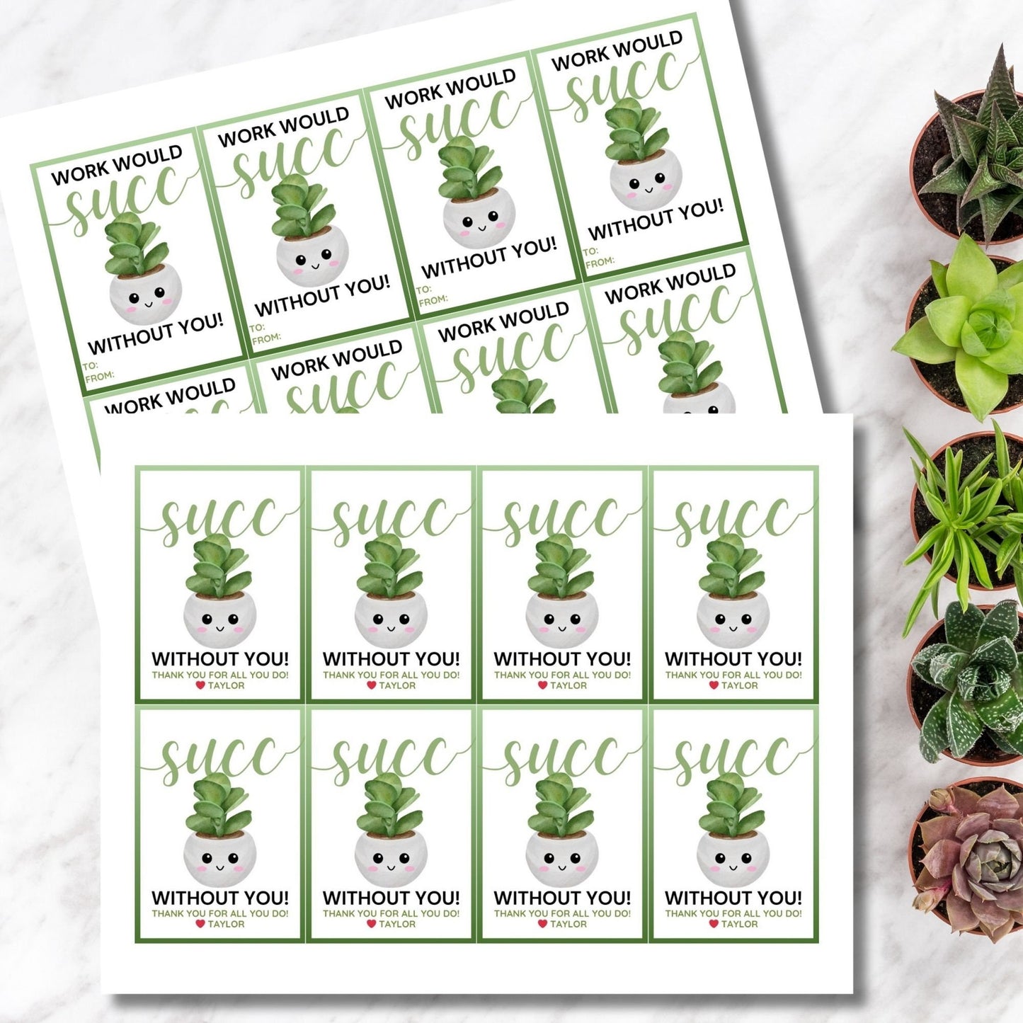 Charming Succ Without You succulent gift tags, featuring a smiling potted plant, customizable for names on Canva, ideal for expressing gratitude and appreciation.