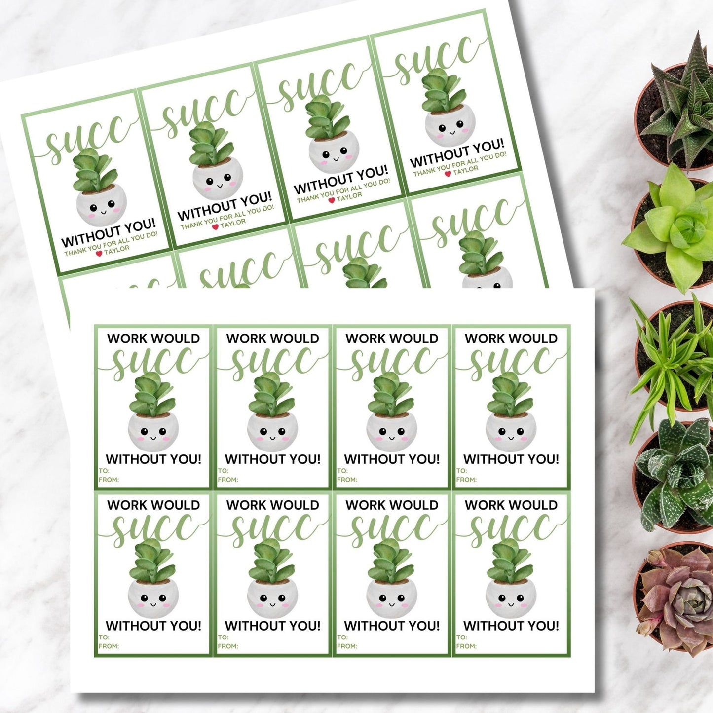 Charming Succ Without You succulent gift tags, featuring a smiling potted plant, customizable for names on Canva, ideal for expressing gratitude and appreciation.