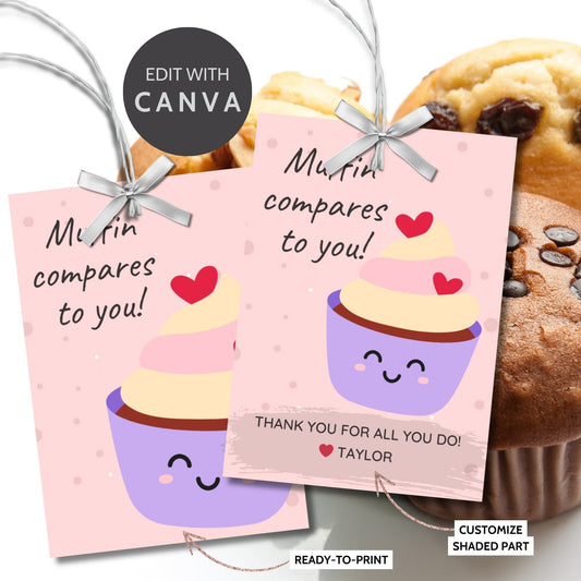 Charming Muffin Compares to You gift tags featuring a cute muffin cartoon, customizable for names via Canva, ideal for thanking and appreciating someone special.