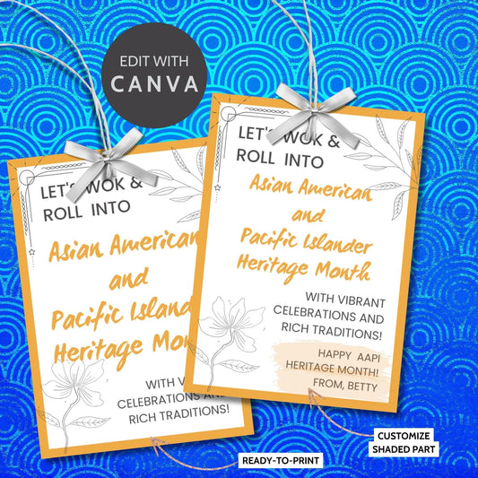 Eight vibrant gift tags with the text Let&#39;s Wok & Roll into Asian American and Pacific Islander Heritage Month and customizable name fields, decorated with elegant floral designs.