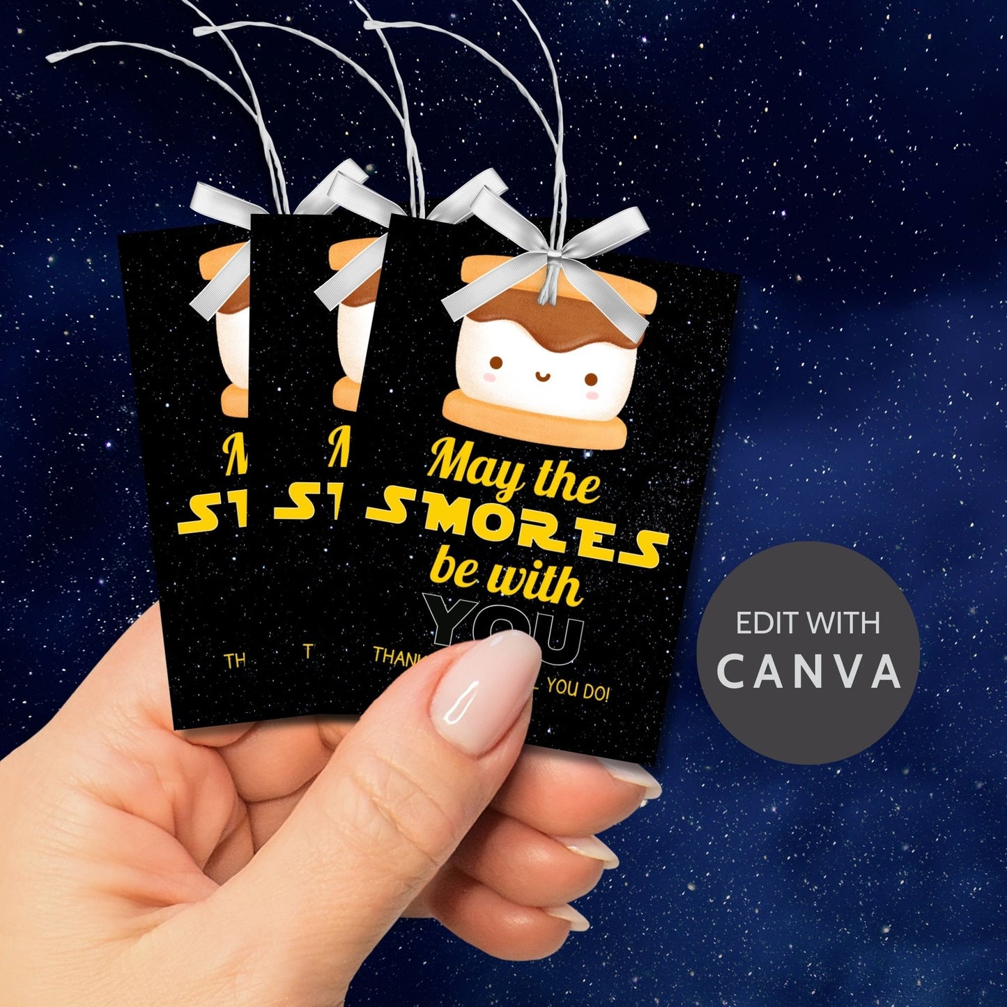 Whimsical May the Smores Be with You gift tags featuring a cute s&#39;mores design against a starry background, customizable for names, perfect for showing appreciation.