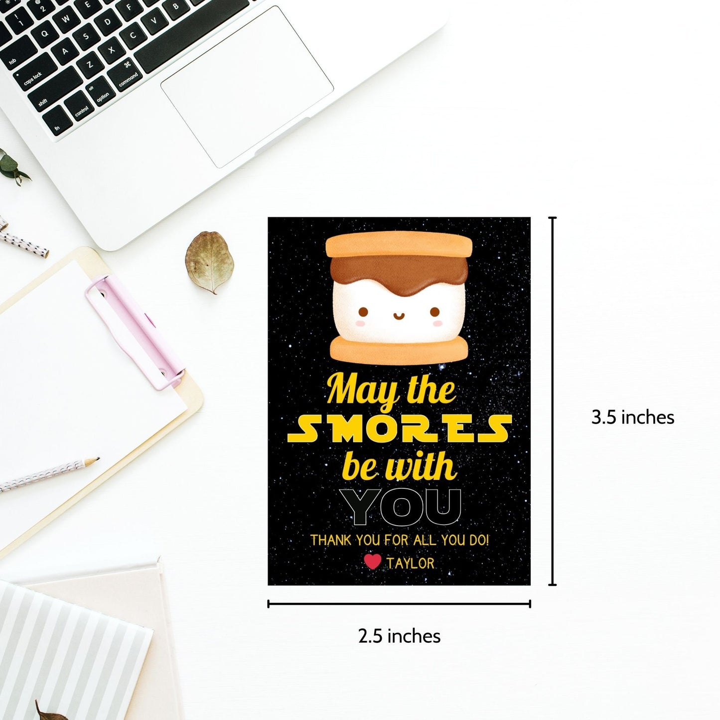 Whimsical May the Smores Be with You gift tags featuring a cute s&#39;mores design against a starry background, customizable for names, perfect for showing appreciation.