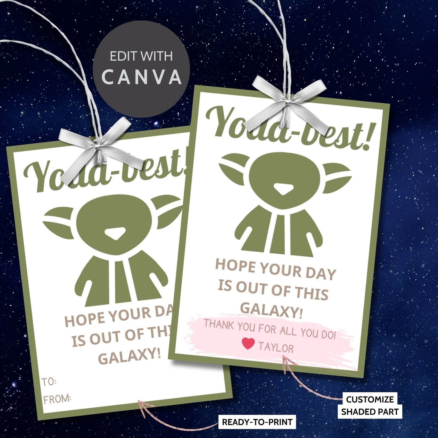 Star Wars-themed gift tags with Yoda-best! Hope Your Day Is Out Of This Galaxy! in green tones, designed to make any recipient feel stellar.